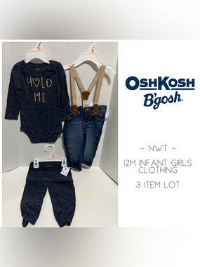 🆕OSHKOSH - 12M - NWT - INFANT GIRLS 3PC ONESIE PANT AND DENIM SUSPENDER LOT